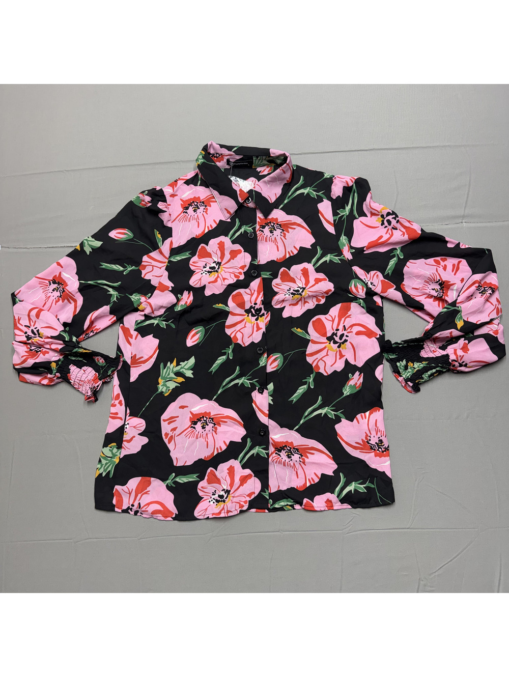 PrettyGarden Womens Floral Blouse Polyester Button Down L Black Pink Cottagecore